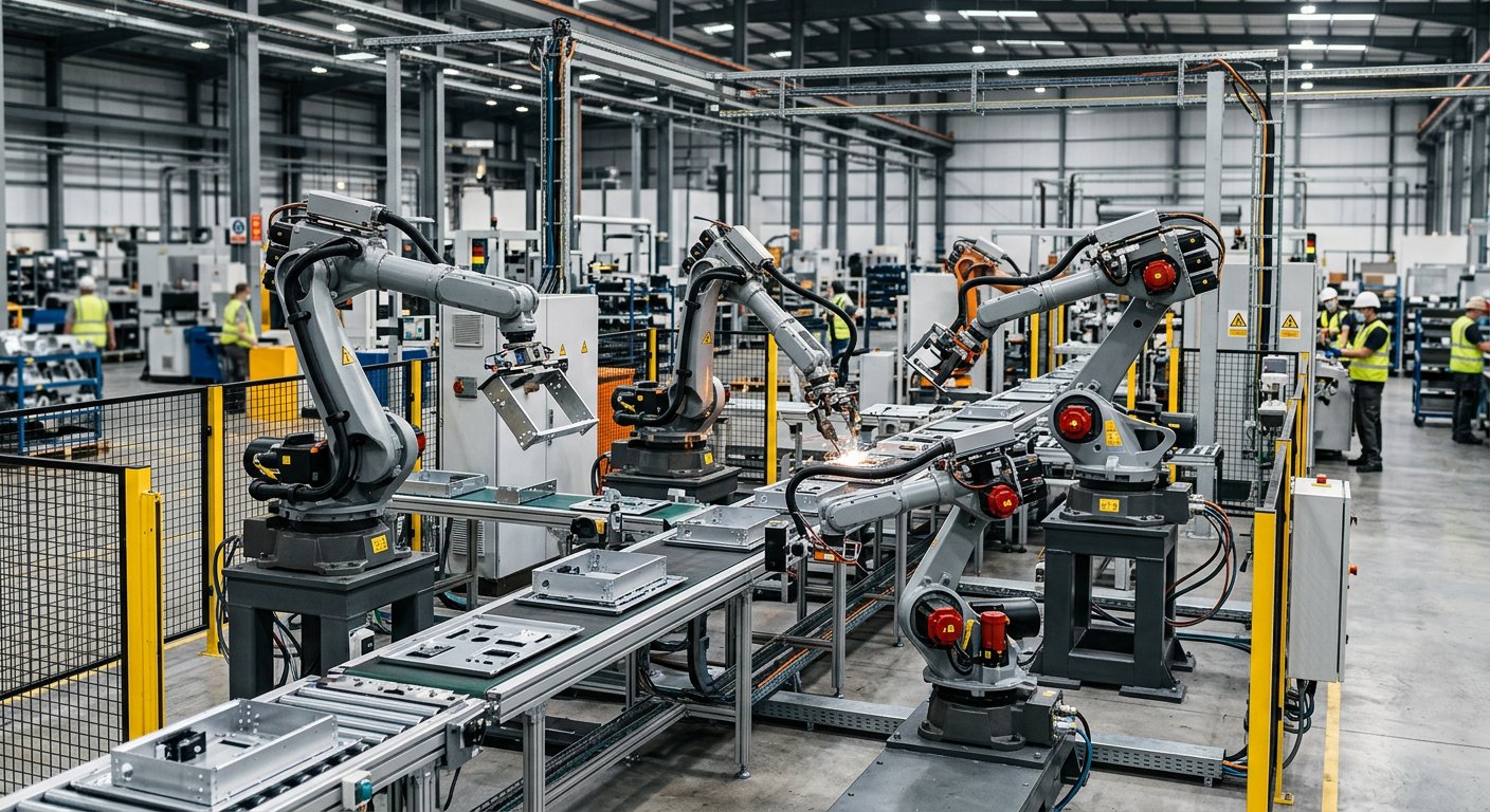 Robotic arms working along an automated production line on a factory floor.
